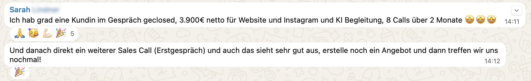 WhatsApp-Nachricht eines Teilnehmers: Abschluss über 3.500 € (zensiert)