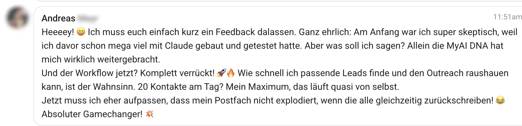 WhatsApp-Nachricht eines Teilnehmers aus der Community (zensiert)