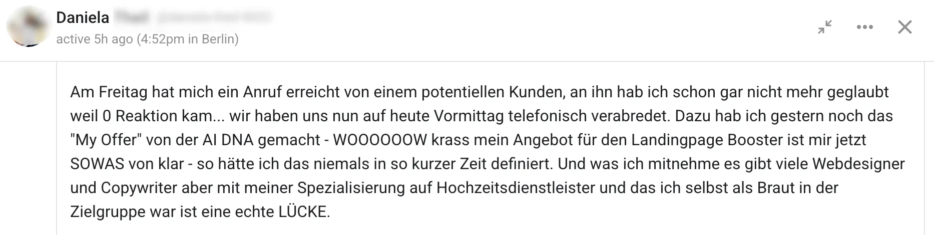 WhatsApp-Nachricht einer Teilnehmerin aus der Community (zensiert)