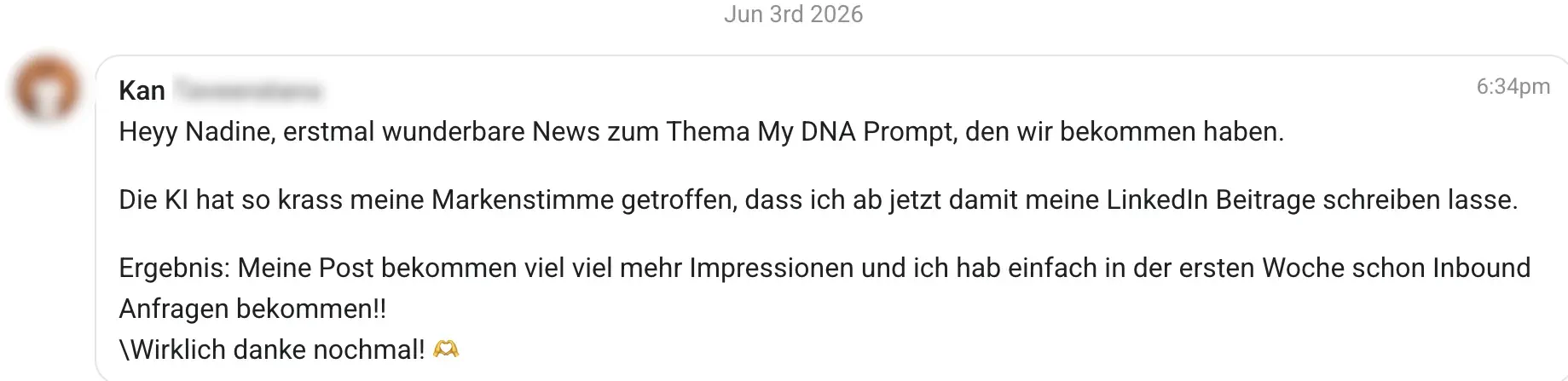 WhatsApp-Nachricht eines Teilnehmers: Inbound-Lead erhalten (zensiert)