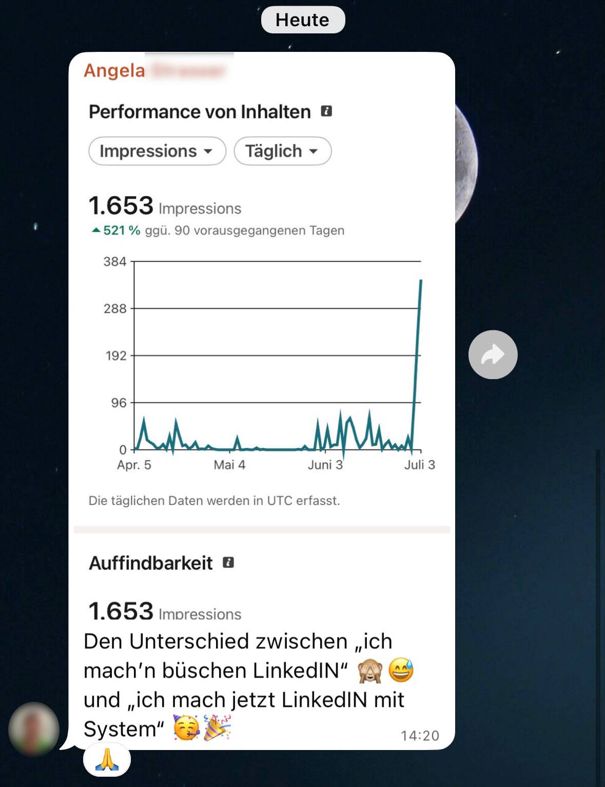 WhatsApp-Nachricht eines Teilnehmers: LinkedIn-Performance (zensiert)